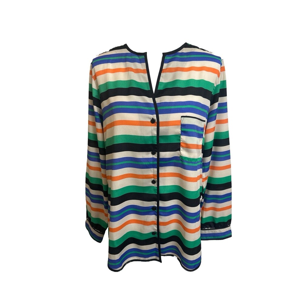 Bar III Womens L Striped Button Front Blouse Multicolor V-Neck Satin Long Sleeve